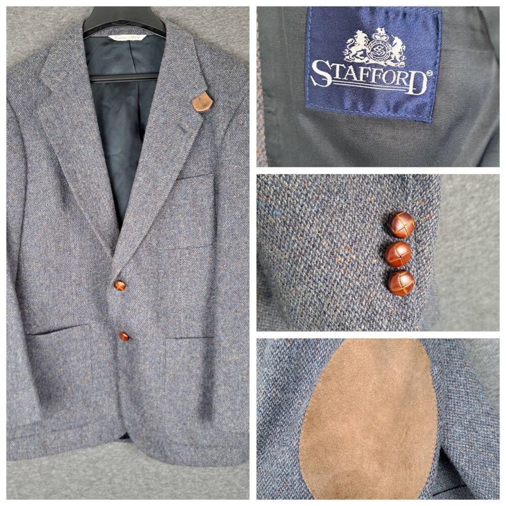 Vtg Stafford Sport Coat DONEGAL Wool TWEED Jacket LEATHER Elbow Patch Blazer 39R